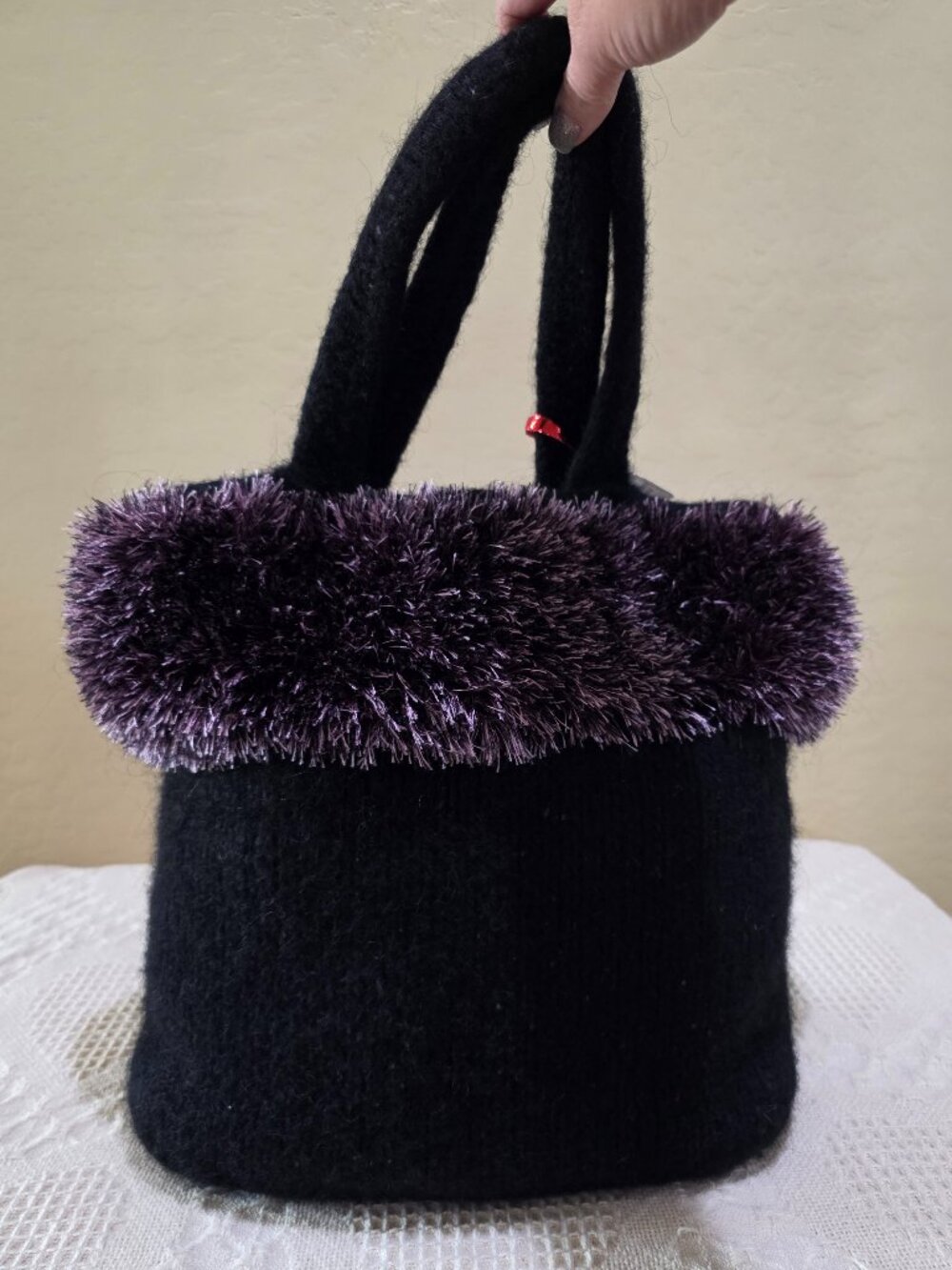 New Hampshire Textile Artist Heidi Wilcox Handmade Fuzzy Purple Black Purse Tote